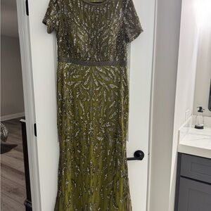 Mac Duggal Olive and Silver Embellished Maxi Dress